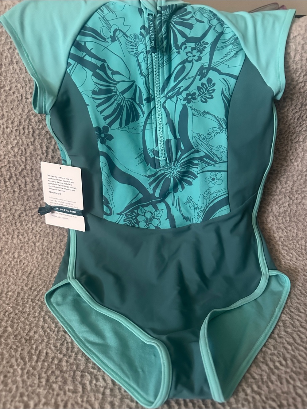 Athleta Teal & Dark Teal Floral Short Sleeve One-Piece